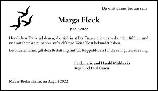 Traueranzeige von Marga Fleck von vrm-trauer AZ Mainz