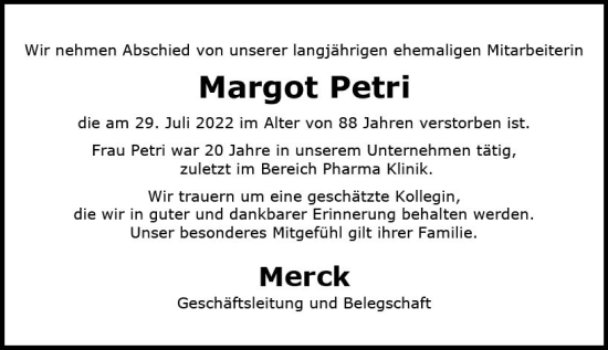 Traueranzeige von Margot Petri von vrm-trauer Darmstädter Echo
