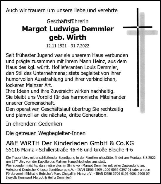 Traueranzeige von Margot Ludwiga Demmler von vrm-trauer Rüsselsheimer Echo / MainSpitze