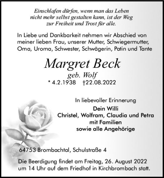 Traueranzeige von Margret Beck von vrm-trauer Odenwälder Echo