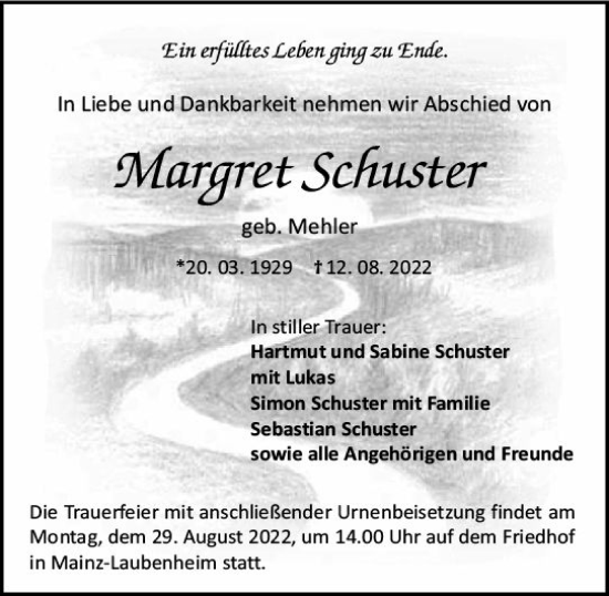 Traueranzeige von Margret Schuster von vrm-trauer AZ Mainz