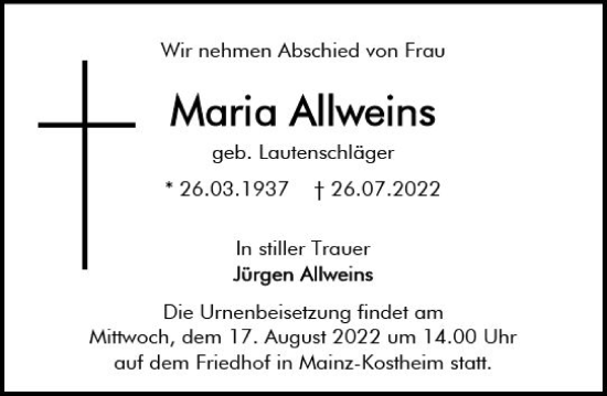 Traueranzeige von Maria Allweins von vrm-trauer AZ Mainz