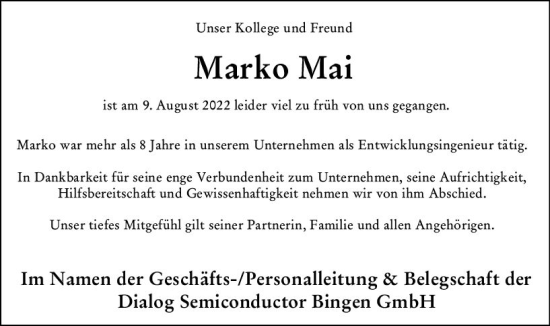 Traueranzeige von Marko Mai von vrm-trauer Allgemeine  Zeitung Ingelheim-Bingen