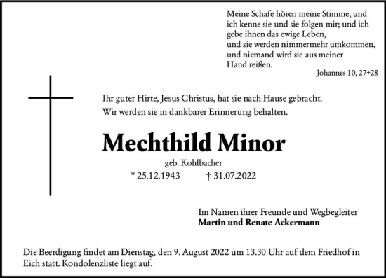 Traueranzeige von Mechthild Minor von vrm-trauer Wormser Zeitung