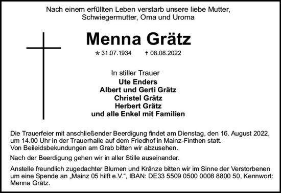 Traueranzeige von Menna Grätz von vrm-trauer Allgemeine Zeitung Alzey
