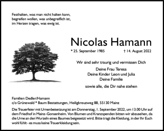 Traueranzeige von Nicolas Hamann von vrm-trauer AZ Mainz