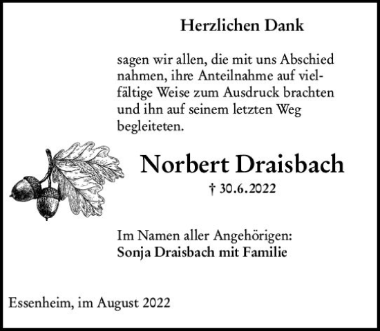 Traueranzeige von Norbert Draisbach von vrm-trauer AZ Mainz