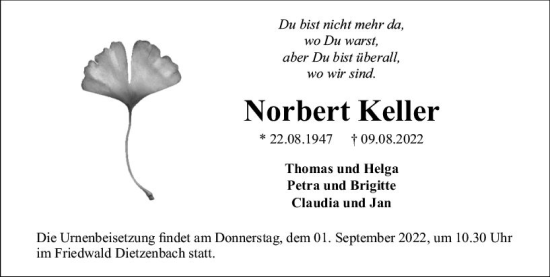 Traueranzeige von Norbert Keller von vrm-trauer Rüsselsheimer Echo / MainSpitze