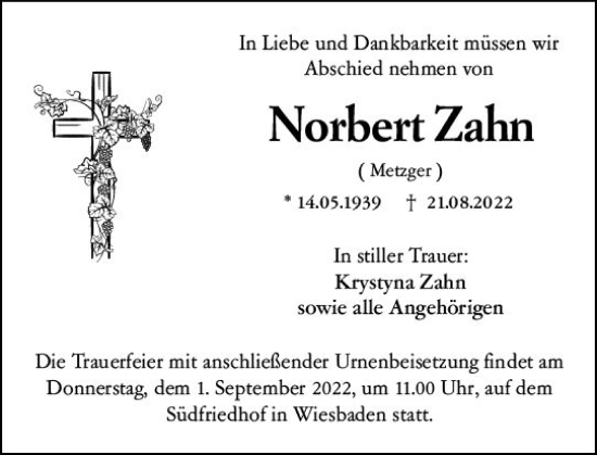 Traueranzeige von Norbert Zahn von vrm-trauer Wiesbadener Kurier