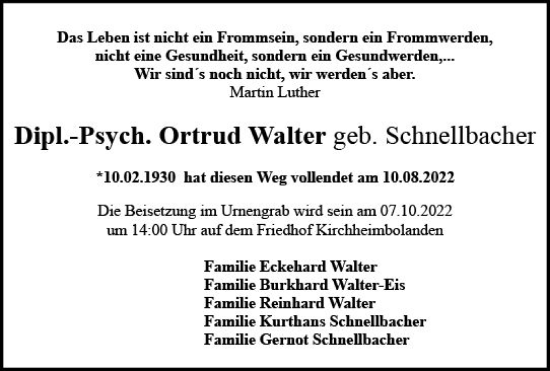Traueranzeige von Ortrud Walter von vrm-trauer Wormser Zeitung