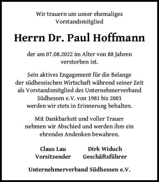 Traueranzeige von Paul Hoffmann von vrm-trauer Darmstädter Echo