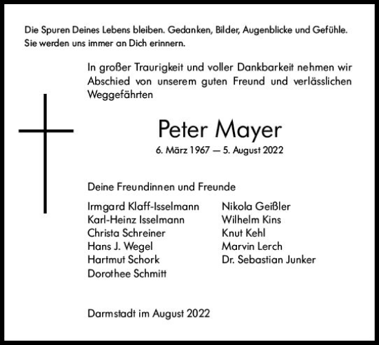 Traueranzeige von Peter Mayer von vrm-trauer Darmstädter Echo