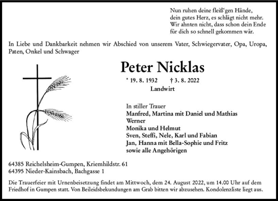 Traueranzeige von Peter Nicklas von vrm-trauer Odenwälder Echo