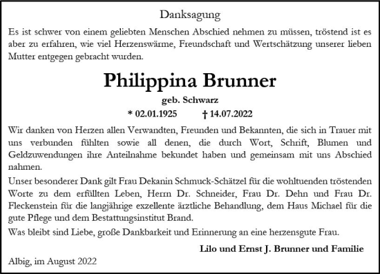 Traueranzeige von Philippina Brunner von vrm-trauer Allgemeine Zeitung Alzey