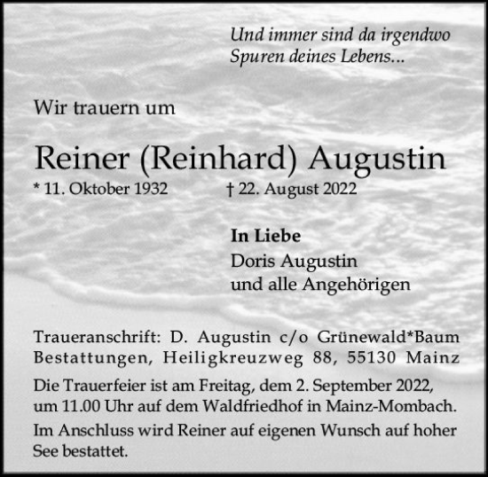 Traueranzeige von Reiner Augustin von vrm-trauer AZ Mainz