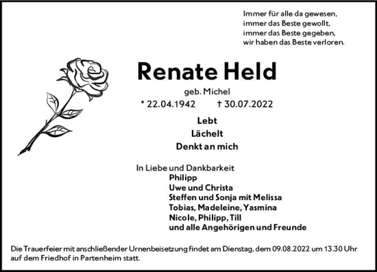 Traueranzeige von Renate Held von vrm-trauer Allgemeine Zeitung Alzey