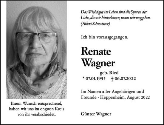 Traueranzeige von Renate Wagner von vrm-trauer Bürstädter/Lamperth. Ztg/Starkenburger