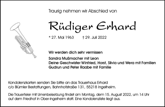 Traueranzeige von Rüdiger Erhard von vrm-trauer Allgemeine  Zeitung Ingelheim-Bingen
