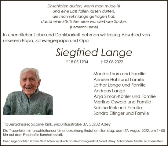 Traueranzeige von Siegfried Lange von vrm-trauer Allgemeine Zeitung Alzey