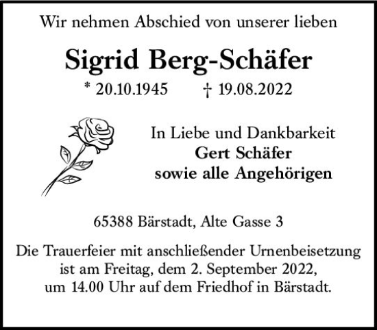 Traueranzeige von Sigrid Berg-Schäfer von vrm-trauer Wiesbadener Kurier