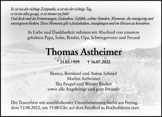 Traueranzeige von Thomas Astheimer von vrm-trauer Rüsselsheimer Echo / MainSpitze