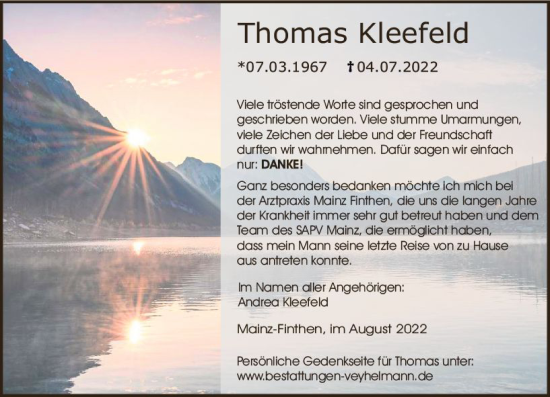 Traueranzeige von Thomas Kleefeld von vrm-trauer AZ Mainz