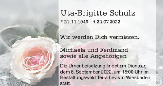 Traueranzeige von Uta-Brigitte Schulz von vrm-trauer Wiesbadener Kurier