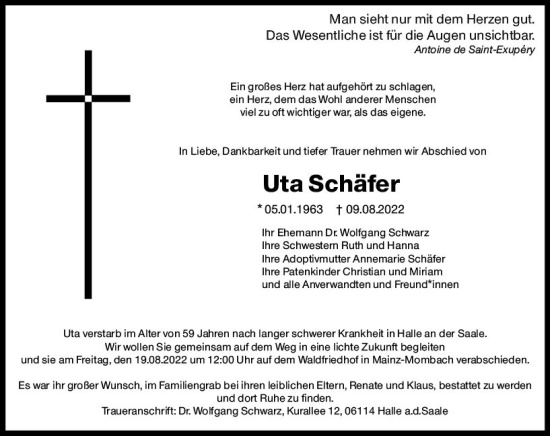 Traueranzeige von Uta Schäfer von vrm-trauer AZ Mainz