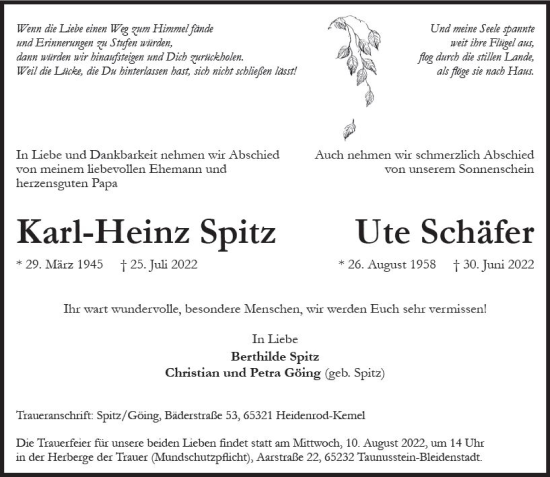 Traueranzeige von Ute Schäfer von vrm-trauer Wiesbadener Kurier