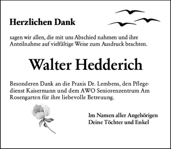Traueranzeige von Walter Hedderich von vrm-trauer AZ Mainz