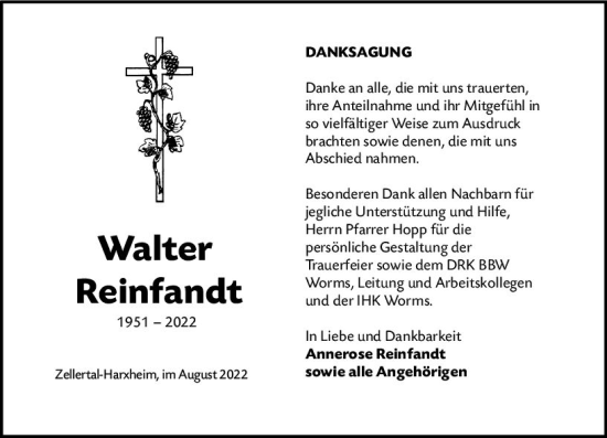 Traueranzeige von Walter Reinfandt von vrm-trauer Wormser Zeitung