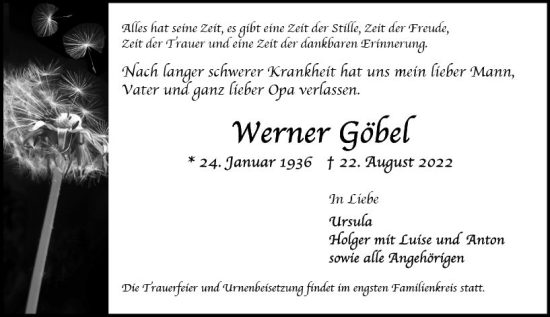 Traueranzeige von Werner Göbel von vrm-trauer Wiesbadener Kurier