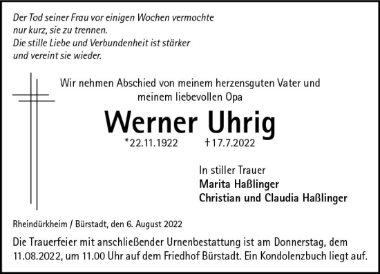 Traueranzeige von Werner Uhrig von vrm-trauer Wormser Zeitung