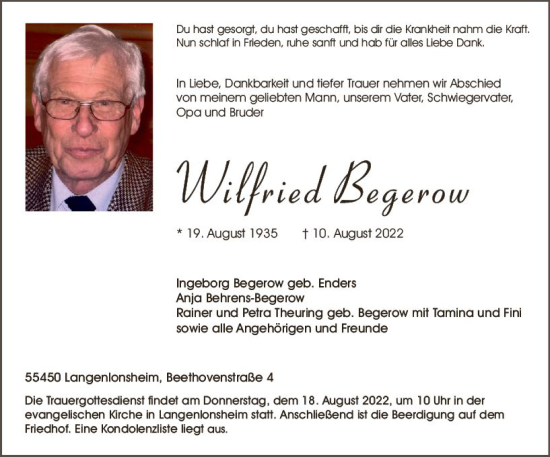 Traueranzeige von Wilfried Begerow von vrm-trauer Allg. Zeitung Bad Kreuznach