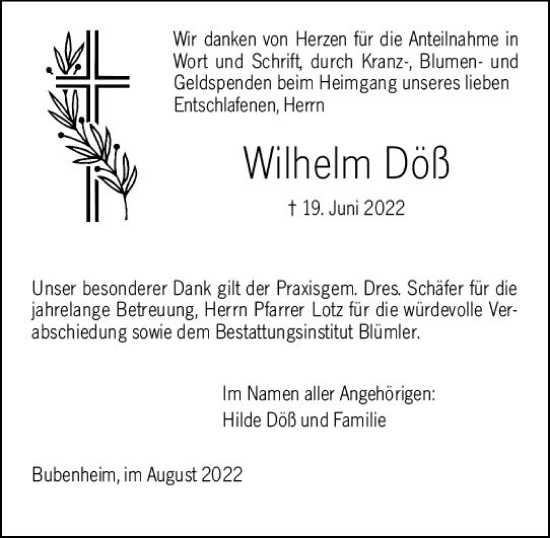 Traueranzeige von Wilhelm Döß von vrm-trauer Allgemeine  Zeitung Ingelheim-Bingen