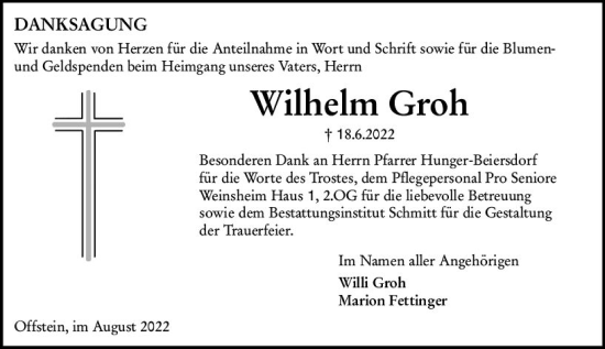 Traueranzeige von Wilhelm Groh von vrm-trauer Wormser Zeitung