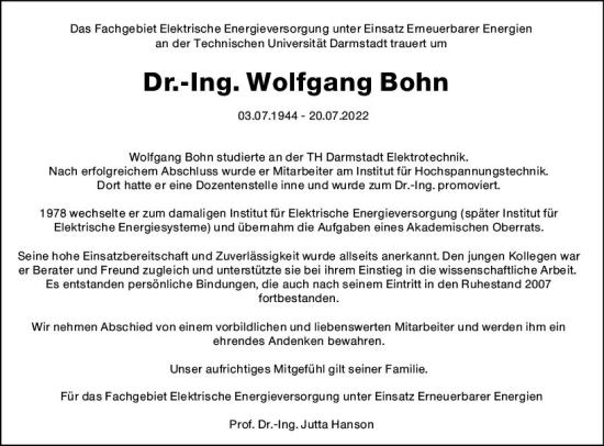 Traueranzeige von Wolfgang Bohn von vrm-trauer Darmstädter Echo