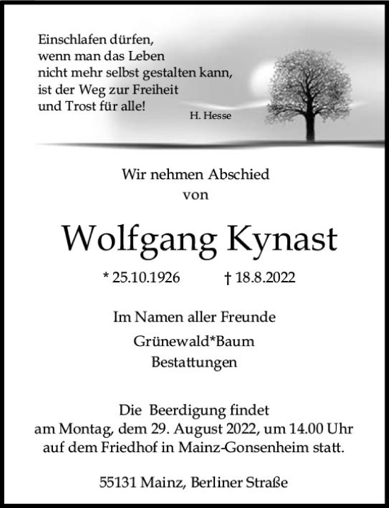 Traueranzeige von Wolfgang Kynast von vrm-trauer AZ Mainz