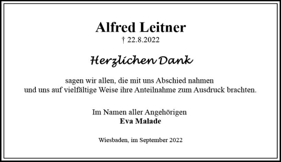 Traueranzeige von Alfred Leitner von vrm-trauer Wiesbadener Kurier