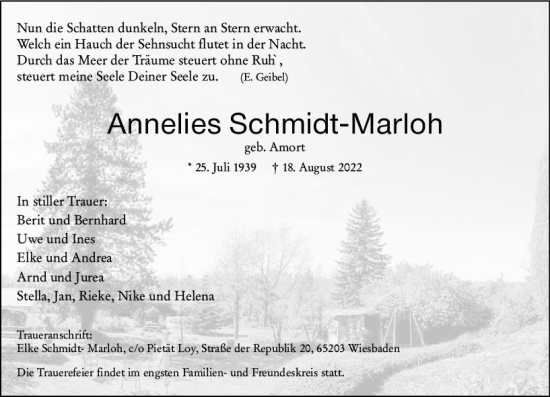 Traueranzeige von Annelies Schmidt-Marloh von vrm-trauer Wiesbadener Kurier
