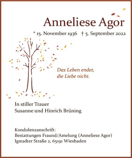 Traueranzeige von Anneliese Agor von vrm-trauer Wiesbadener Kurier