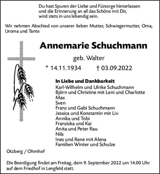 Traueranzeige von Annemarie Schuchmann von vrm-trauer Darmstädter Echo