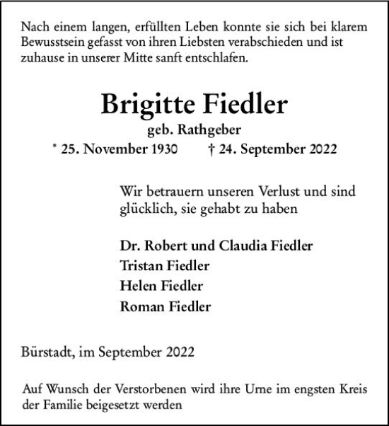 Traueranzeige von Brigitte Fiedler von vrm-trauer Bürstädter/Lamperth. Ztg/Starkenburger