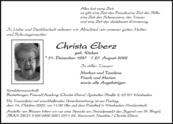 Traueranzeige von Christa Eberz von vrm-trauer Wiesbadener Kurier