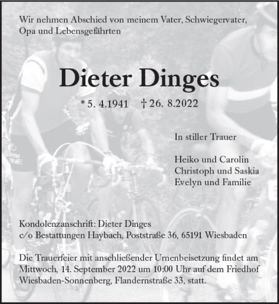 Traueranzeige von Dieter Dinges von vrm-trauer Wiesbadener Kurier