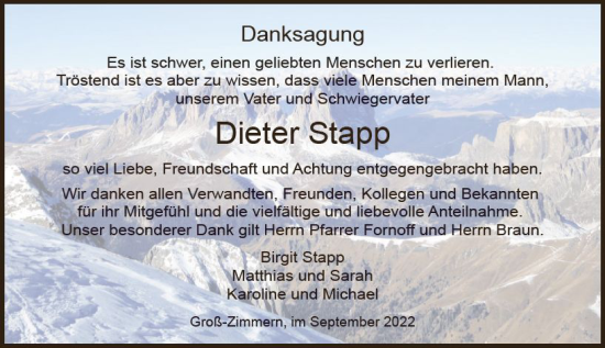 Traueranzeige von Dieter Stapp von vrm-trauer DieburgerAnzeiger/Groß-Zimmerner Lokala