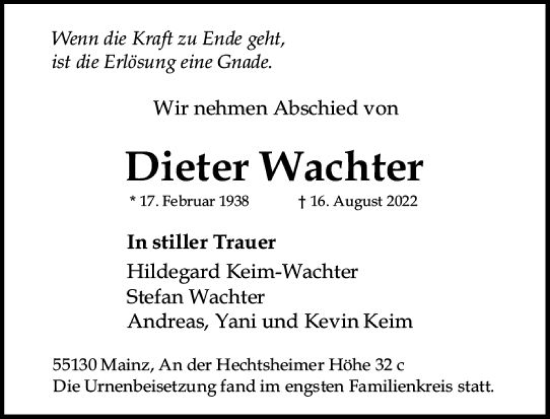 Traueranzeige von Dieter Wachter von vrm-trauer AZ Mainz