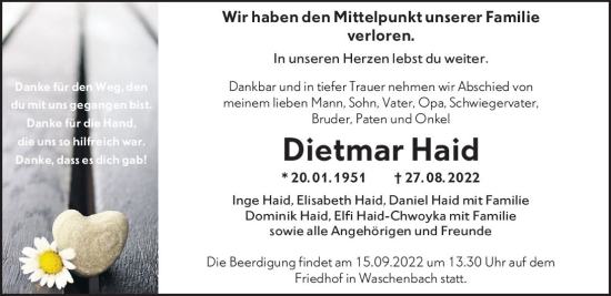 Traueranzeige von Dietmar Haid von vrm-trauer Darmstädter Echo