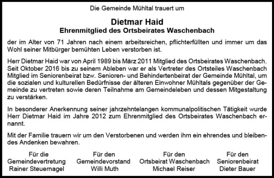 Traueranzeige von Dietmar Haid von vrm-trauer Darmstädter Echo