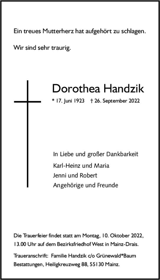 Traueranzeige von Dorothea Handzik von vrm-trauer AZ Mainz